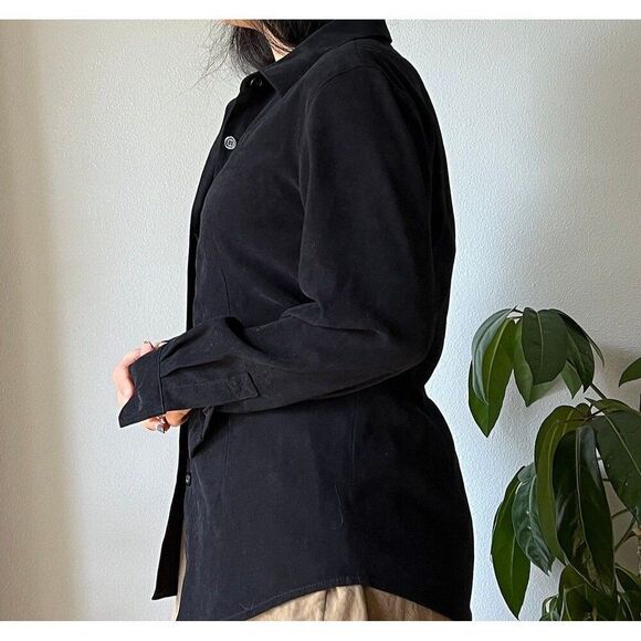 vtg 90s y2k suedelike black button down shirt classic tailored boho blouse small - Picture 4 of 10